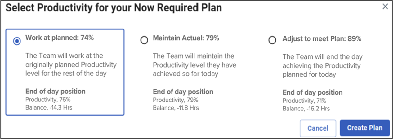 Image of the radio button, Select Productivity for your Now Required Plan 3 options; Work at planned, Maintain Actual or Adjust to meet Plan